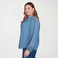 Alfred Dunner Sunset Canyon Womens 3/4 Sleeve Embroidered Plus Button-Down Shirt