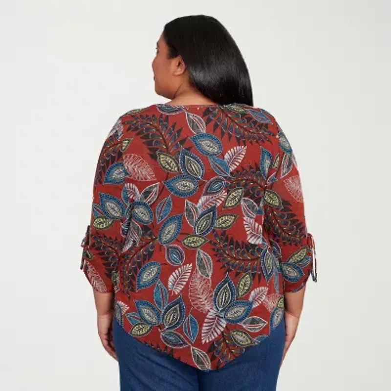 Alfred Dunner Sunset Canyon Womens V Neck 3/4 Sleeve Plus T-Shirt