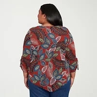 Alfred Dunner Sunset Canyon Womens V Neck 3/4 Sleeve Plus T-Shirt
