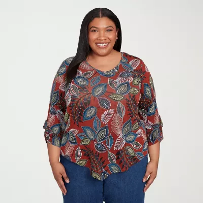 Alfred Dunner Sunset Canyon Womens V Neck 3/4 Sleeve Plus T-Shirt
