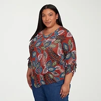Alfred Dunner Sunset Canyon Womens V Neck 3/4 Sleeve Plus T-Shirt