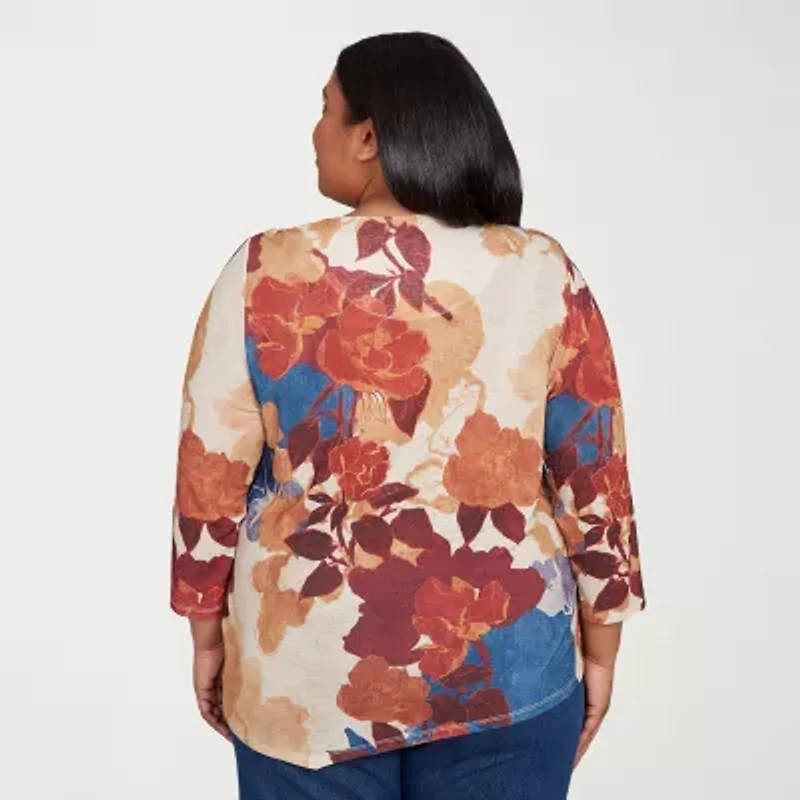 Alfred Dunner Sunset Canyon Womens Plus Crew Neck 3/4 Sleeve T-Shirt