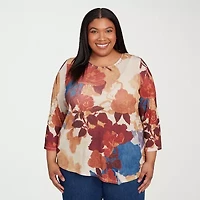 Alfred Dunner Sunset Canyon Womens Plus Crew Neck 3/4 Sleeve T-Shirt