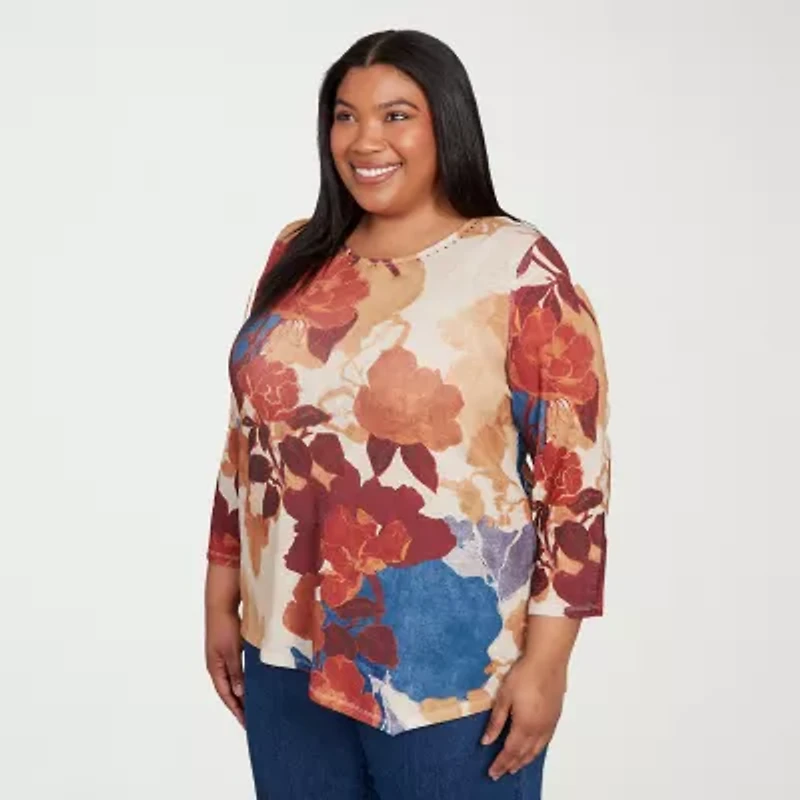 Alfred Dunner Sunset Canyon Womens Plus Crew Neck 3/4 Sleeve T-Shirt
