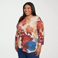 Alfred Dunner Sunset Canyon Womens Plus Crew Neck 3/4 Sleeve T-Shirt
