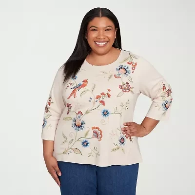 Alfred Dunner Sunset Canyon Womens Crew Neck 3/4 Sleeve Plus T-Shirt