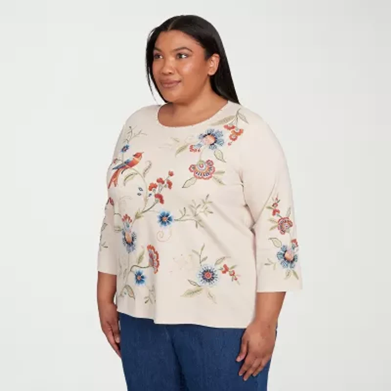 Alfred Dunner Sunset Canyon Womens Crew Neck 3/4 Sleeve Plus T-Shirt