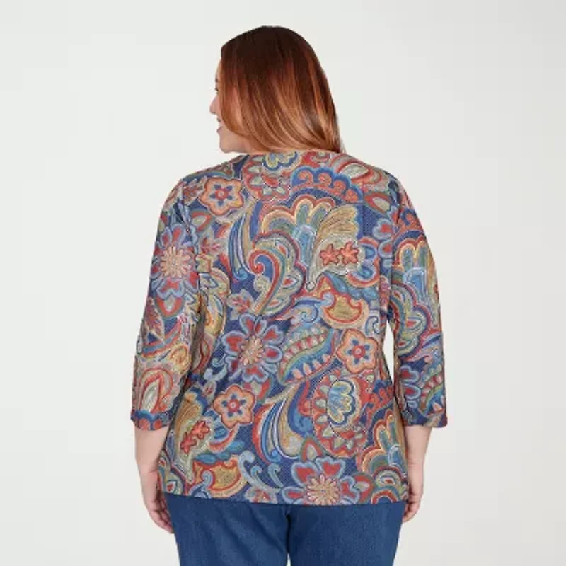 Alfred Dunner Sunset Canyon Womens Crew Neck 3/4 Sleeve Plus T-Shirt