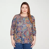 Alfred Dunner Sunset Canyon Womens Crew Neck 3/4 Sleeve Plus T-Shirt