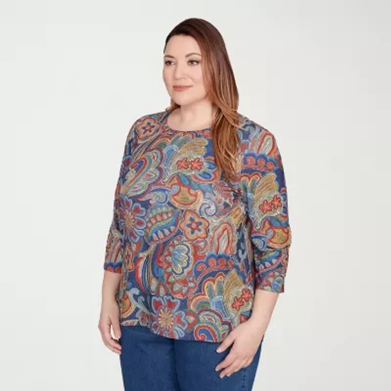 Alfred Dunner Sunset Canyon Womens Crew Neck 3/4 Sleeve Plus T-Shirt