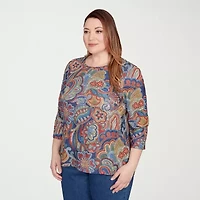Alfred Dunner Sunset Canyon Womens Crew Neck 3/4 Sleeve Plus T-Shirt