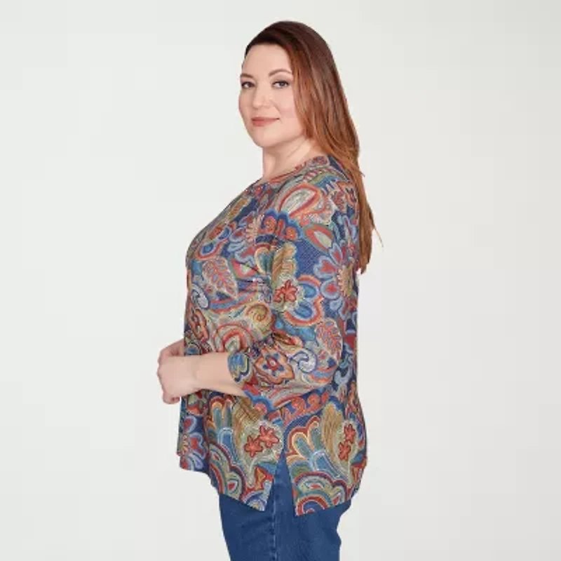 Alfred Dunner Sunset Canyon Womens Crew Neck 3/4 Sleeve Plus T-Shirt