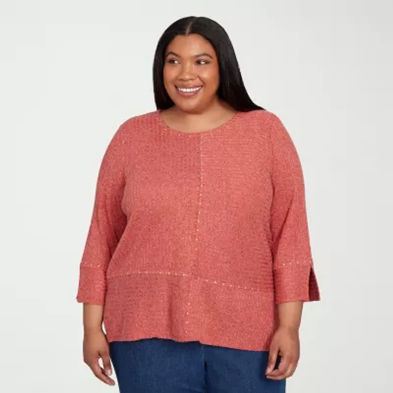 Alfred Dunner Sunset Canyon Womens Crew Neck 3/4 Sleeve Plus T-Shirt