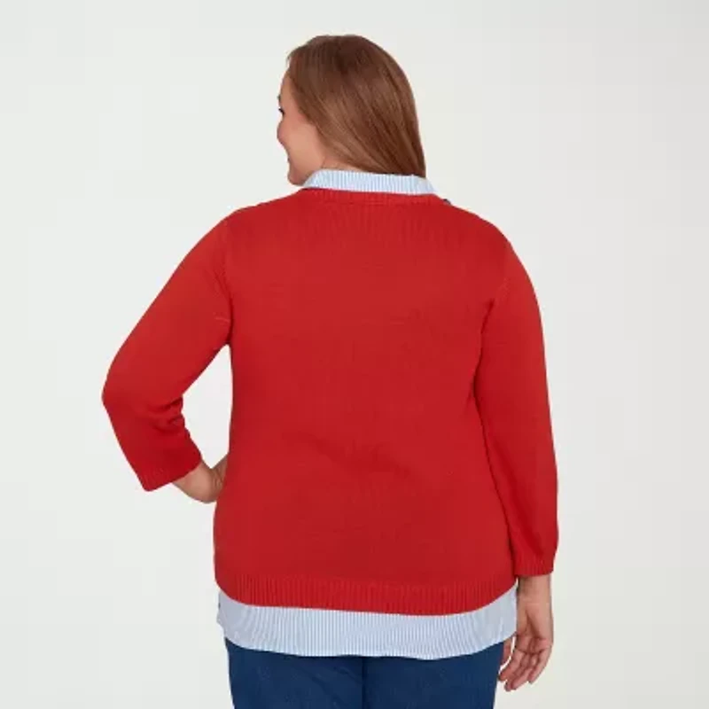 Alfred Dunner Sunset Canyon Womens Round Neck 3/4 Sleeve Layered Sweater Plus