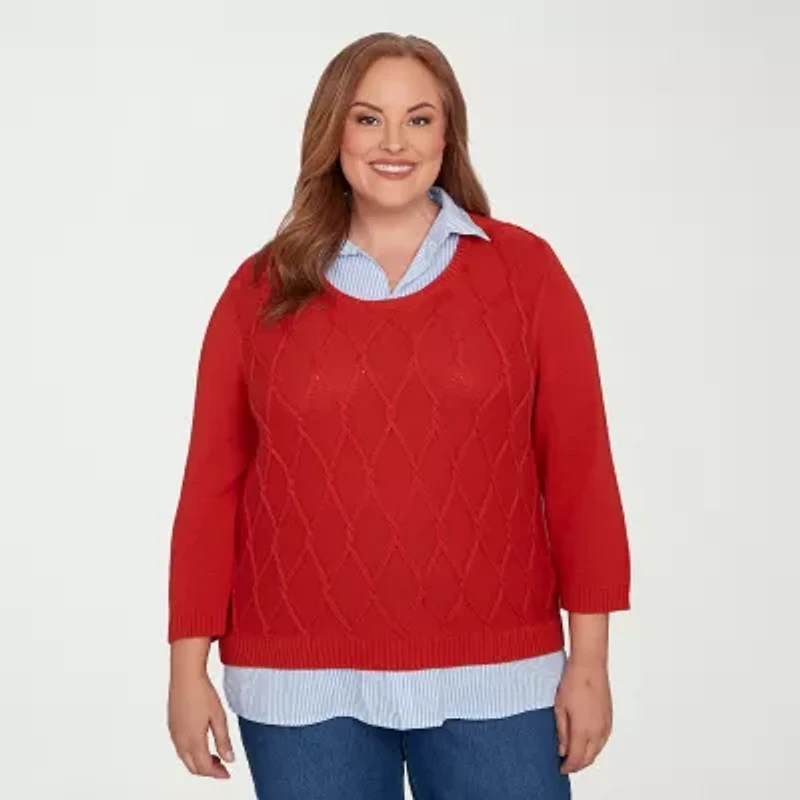 Alfred Dunner Sunset Canyon Womens Round Neck 3/4 Sleeve Layered Sweater Plus