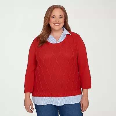 Alfred Dunner Sunset Canyon Womens Round Neck 3/4 Sleeve Layered Sweater Plus