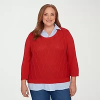 Alfred Dunner Sunset Canyon Womens Round Neck 3/4 Sleeve Layered Sweater Plus
