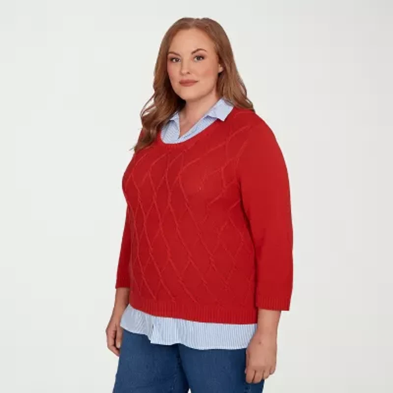 Alfred Dunner Sunset Canyon Womens Round Neck 3/4 Sleeve Layered Sweater Plus