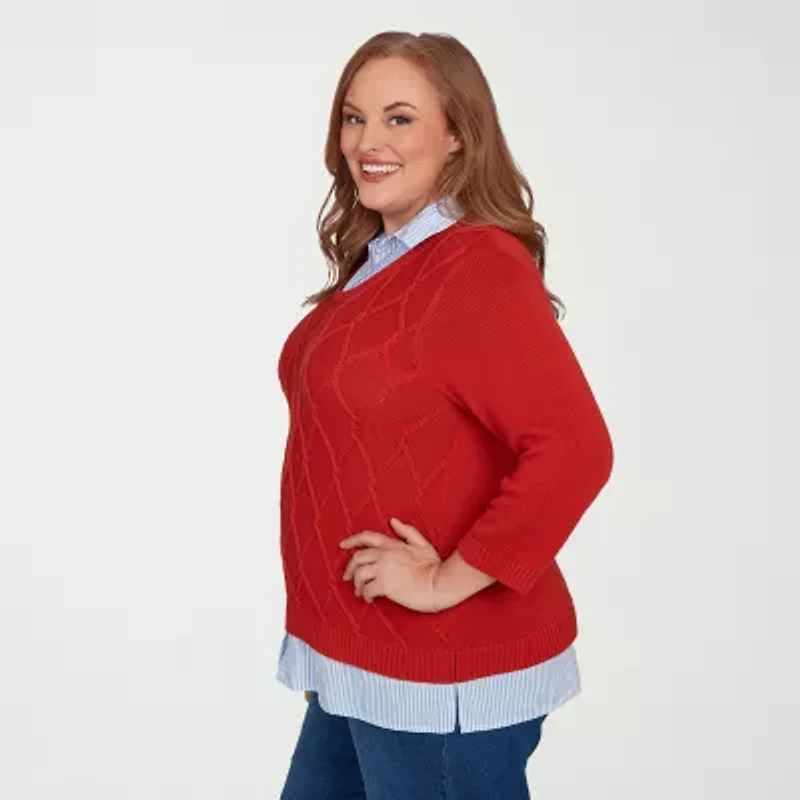 Alfred Dunner Sunset Canyon Womens Round Neck 3/4 Sleeve Layered Sweater Plus