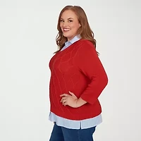 Alfred Dunner Sunset Canyon Womens Round Neck 3/4 Sleeve Layered Sweater Plus