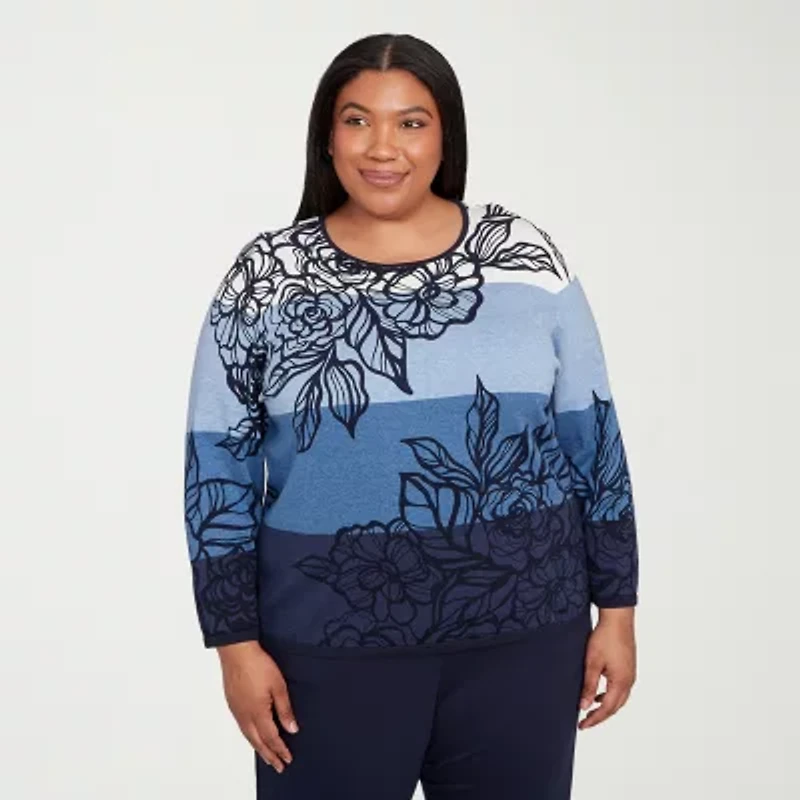 Alfred Dunner Plus Sunset Canyon Womens Crew Neck Long Sleeve Ombre Pullover Sweater