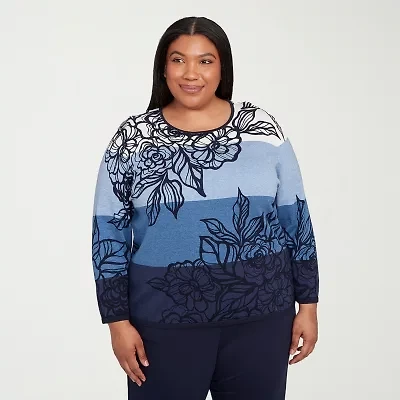 Alfred Dunner Plus Sunset Canyon Womens Crew Neck Long Sleeve Ombre Pullover Sweater