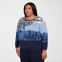 Alfred Dunner Plus Sunset Canyon Womens Crew Neck Long Sleeve Ombre Pullover Sweater