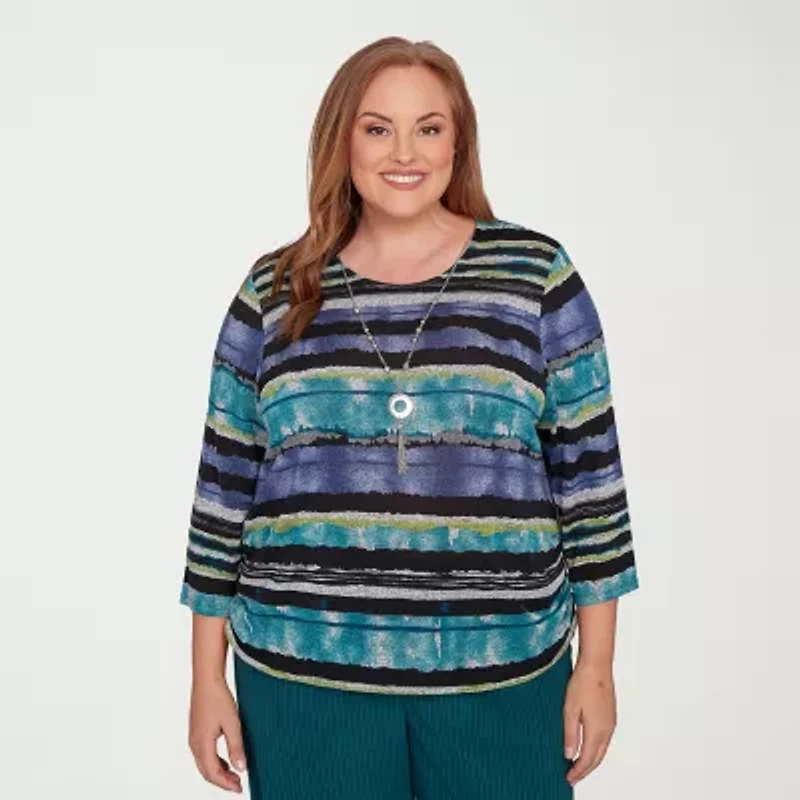 Alfred Dunner Lake Champlain Womens Crew Neck 3/4 Sleeve Plus T-Shirt