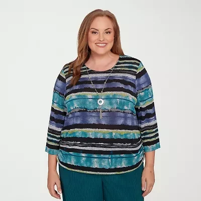 Alfred Dunner Lake Champlain Womens Crew Neck 3/4 Sleeve Plus T-Shirt
