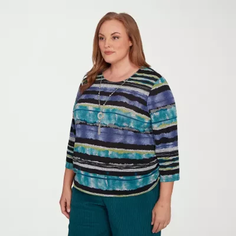 Alfred Dunner Lake Champlain Womens Crew Neck 3/4 Sleeve Plus T-Shirt