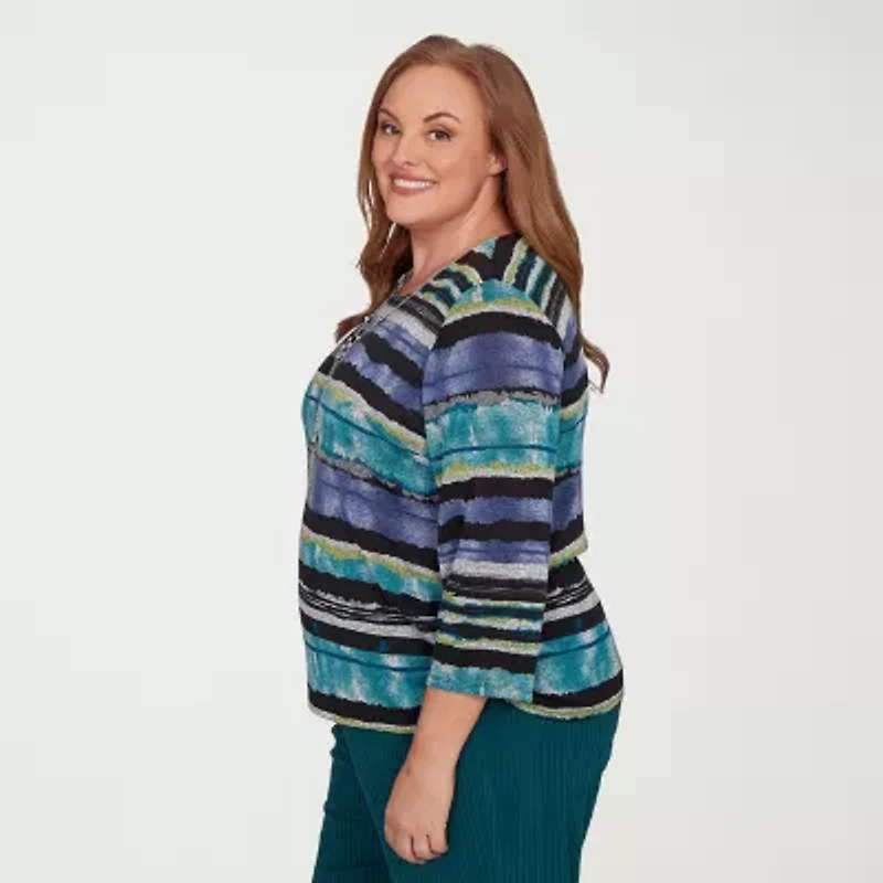 Alfred Dunner Lake Champlain Womens Crew Neck 3/4 Sleeve Plus T-Shirt