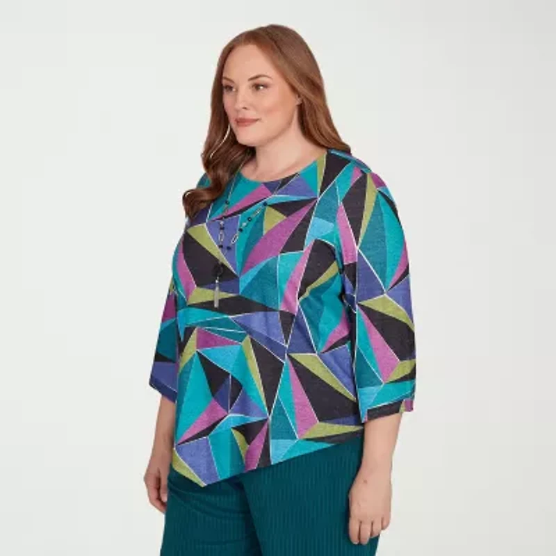 Alfred Dunner Lake Champlain Womens Crew Neck 3/4 Sleeve Plus T-Shirt