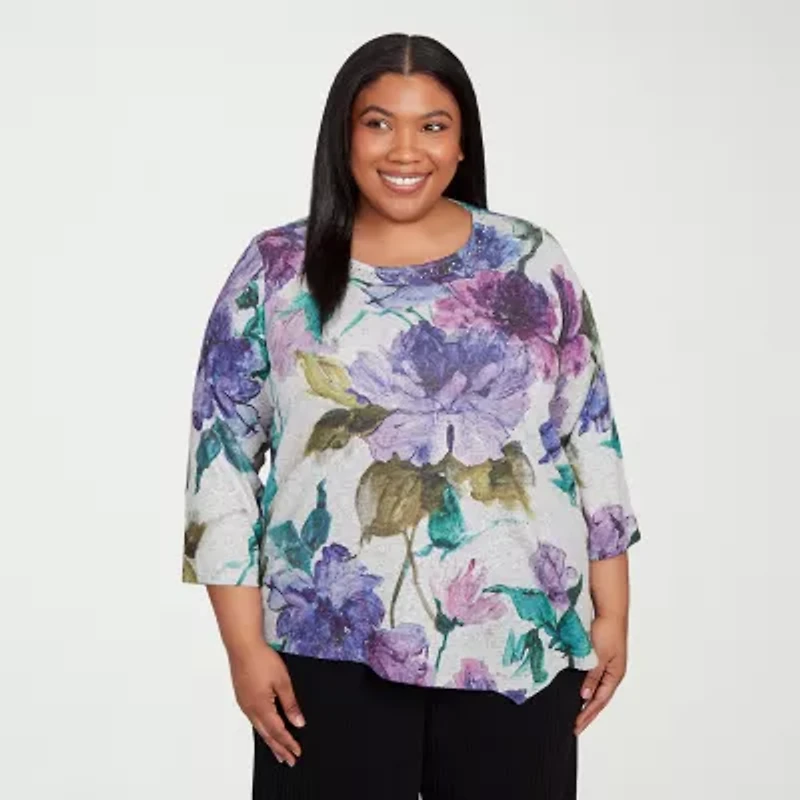Alfred Dunner Lake Champlain Womens Crew Neck 3/4 Sleeve Plus T-Shirt