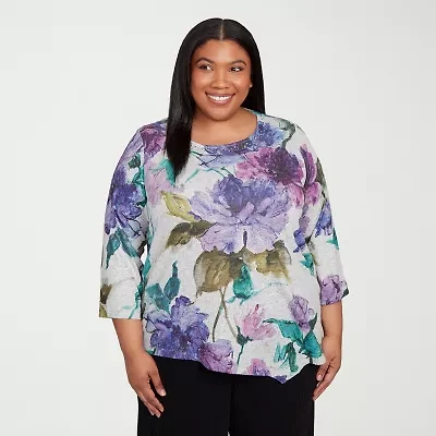 Alfred Dunner Lake Champlain Womens Crew Neck 3/4 Sleeve Plus T-Shirt