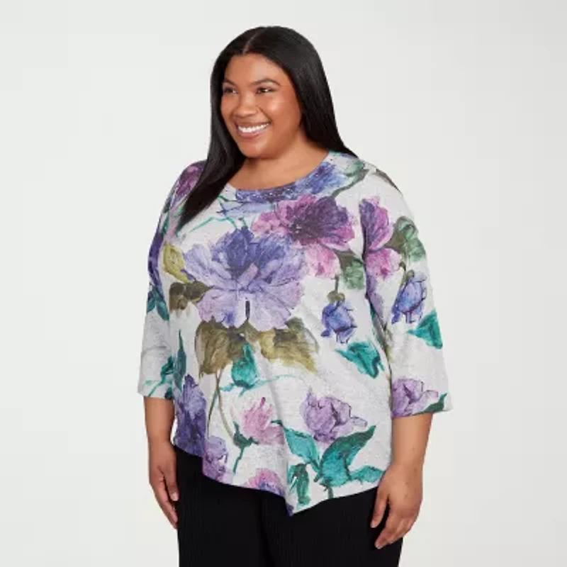 Alfred Dunner Lake Champlain Womens Crew Neck 3/4 Sleeve Plus T-Shirt