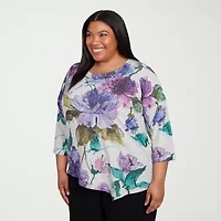 Alfred Dunner Lake Champlain Womens Crew Neck 3/4 Sleeve Plus T-Shirt