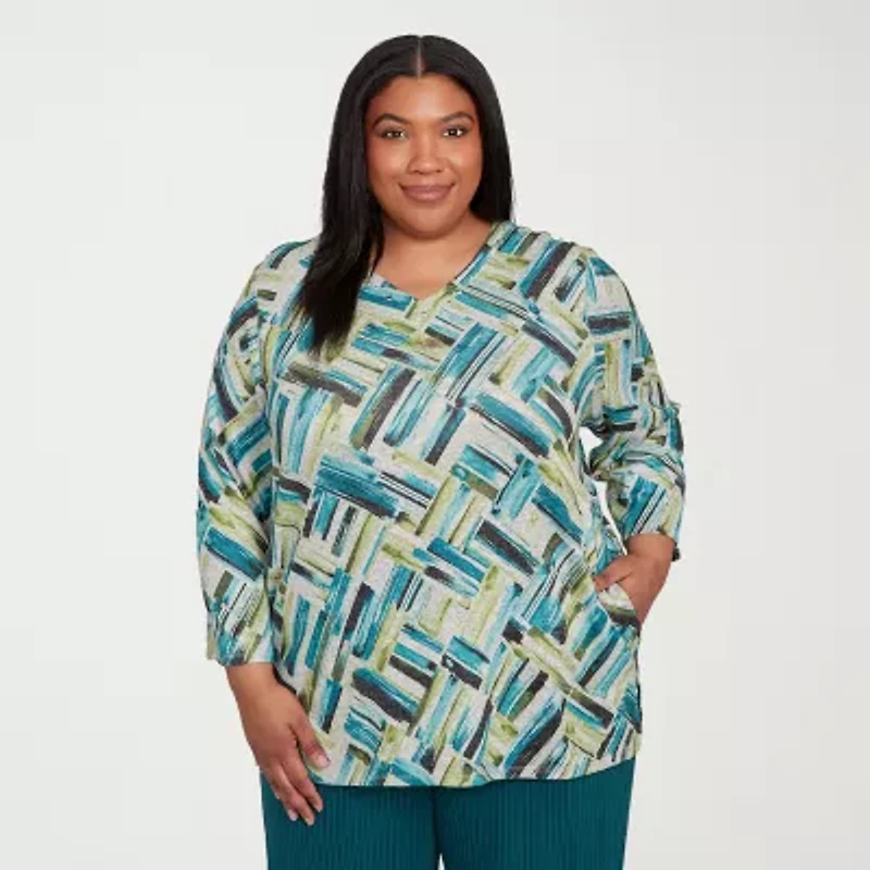 Alfred Dunner Lake Champlain Womens V Neck 3/4 Sleeve Plus T-Shirt