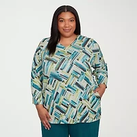 Alfred Dunner Lake Champlain Womens V Neck 3/4 Sleeve Plus T-Shirt