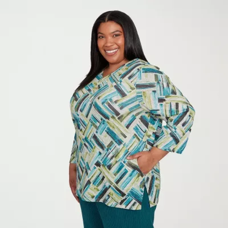 Alfred Dunner Lake Champlain Womens V Neck 3/4 Sleeve Plus T-Shirt