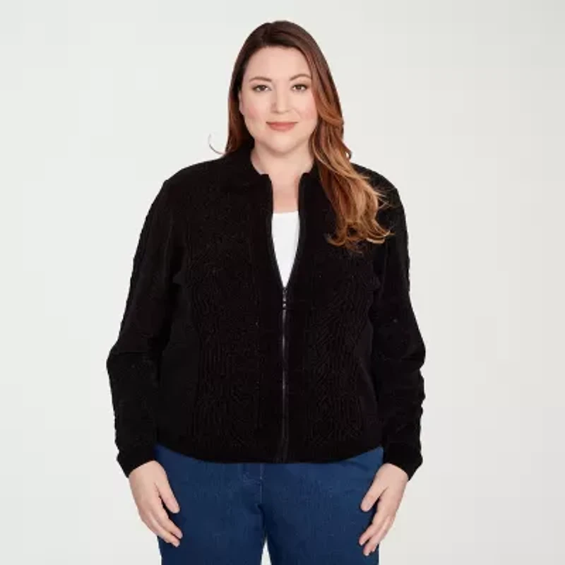 Alfred Dunner Classics Womens Long Sleeve Zipper Plus Cable Knit Cardigan