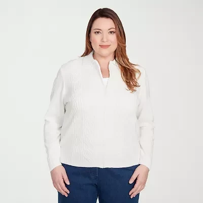 Alfred Dunner Classics Womens Long Sleeve Zipper Plus Cable Knit Cardigan