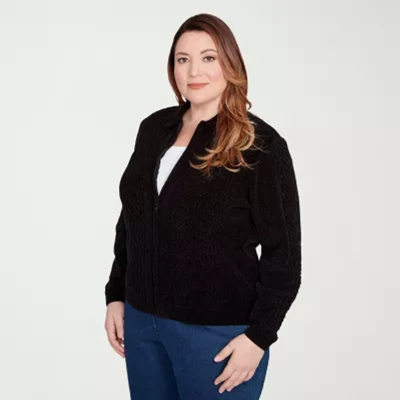 Alfred Dunner Classics Womens Long Sleeve Zipper Plus Cable Knit Cardigan