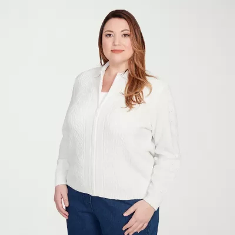 Alfred Dunner Classics Womens Long Sleeve Zipper Plus Cable Knit Cardigan