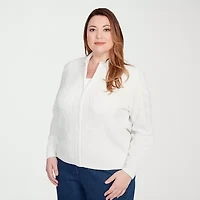 Alfred Dunner Classics Womens Long Sleeve Zipper Plus Cable Knit Cardigan