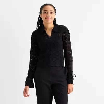 by&by Juniors Womens Long Sleeve Polo Shirt