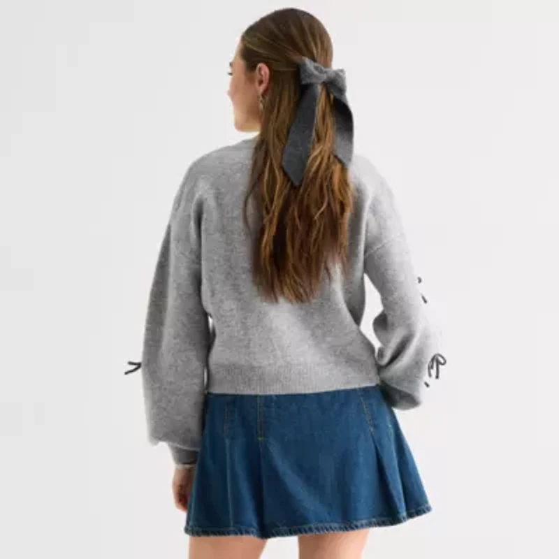 Freshman Juniors Womens Crew Neck Long Sleeve Bows Pullover Sweater