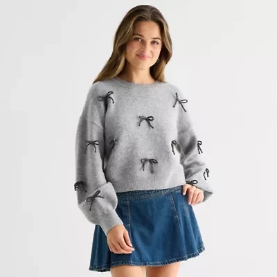 Freshman Juniors Womens Crew Neck Long Sleeve Bows Pullover Sweater