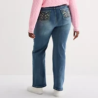 Forever 21 Juniors Womens Mid Rise Bootcut Butterfly Embellished Pocket Jean