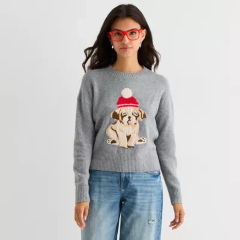 Arizona Juniors Womens Crew Neck Long Sleeve Animal Pullover Sweater