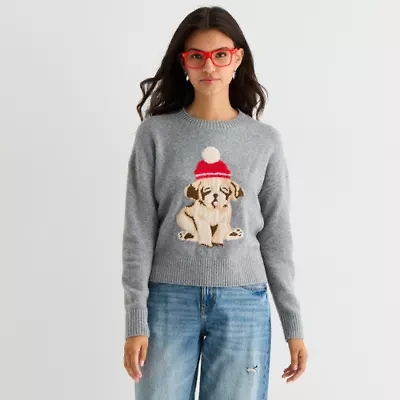 Arizona Juniors Womens Crew Neck Long Sleeve Animal Pullover Sweater